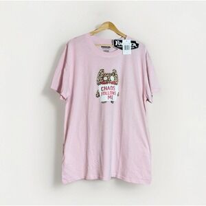 Fuggler "Chaos Follows Me" Graphic T-Shirt Size Large Pale Pink NWT